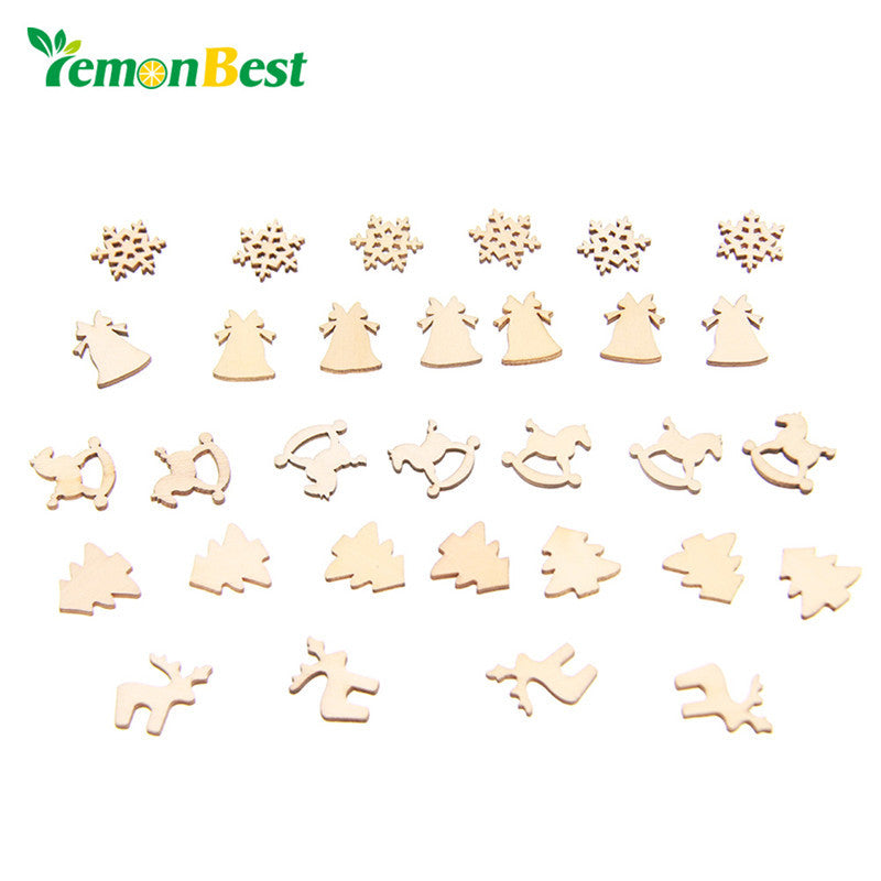 LemonBest 30pcs 5 Patterns Designs Natural Wood Christmas Ornaments Reindeer Tree Snow Flakes Rocking Horse Bell for Xmas Decor