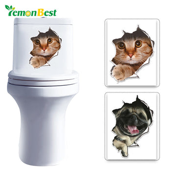 LemonBest 3D Cats Wall Toilet Stickers Hole View Vivid Dogs Bathroom Room