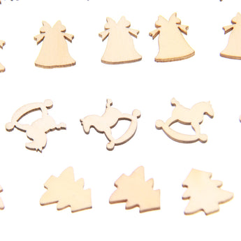 30Pcs 5 Patterns Designs 20mm Natural Wood Christmas Ornaments Reindeer Tree Snow Flakes Rocking Horse Bell for Xmas Decor