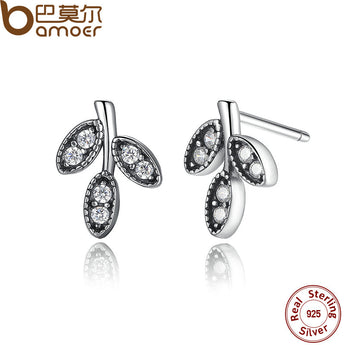 BAMOER Presents 925 Sterling Silver Sparkling Leaves Stud Earrings  Clear CZ Fashion Jewelry Special Store PAS416