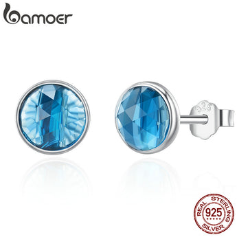 BAMOER Genuine 925 Sterling Silver December Droplets London Blue Crystal Stud Earrings for Women Sterling Silver Jewelry PAS527