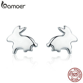 BAMOER 100% 925 Sterling Silver Easter Day Gift Cute Rabbit Small Stud Earrings for Women