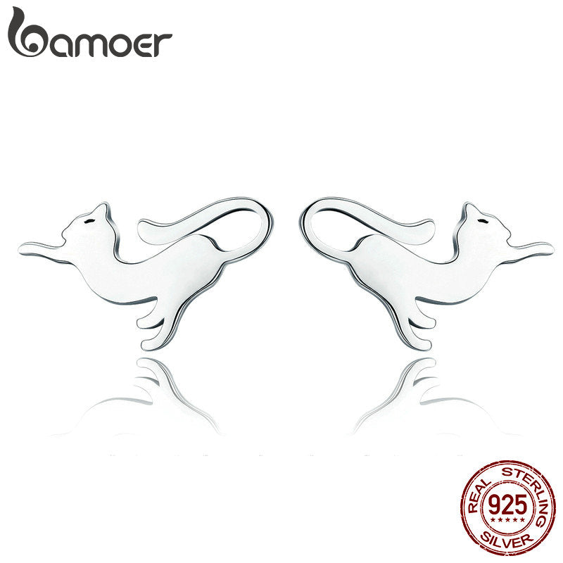 BAMOER Genuine 100% 925 Sterling Silver Cute Cat Pussy Tail Small Stud Earrings for Women Sterling Silver Jewelry SCE366