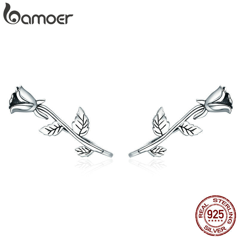 BAMOER Authentic 100% 925 Sterling Silver Rose Flower Plant Stud Earrings for Women Sterling Silver Jewelry Mom Gift SCE380