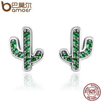 BAMOER Hot Sale 925 Sterling Silver Dazzling Green Cactus Crystal Stud Earrings for Women Authentic Silver Jewelry Bijoux SCE097