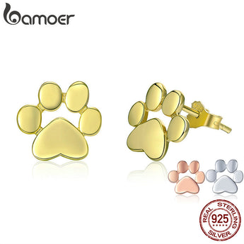 BAMOER Cat Earrrings 925 Sterling Silver Animal Dog Cat Footprints Stud Earrings